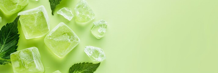 CBD crystal caramel candy. Cannabidiol candies on a light green background, minimalism, flat lay, crystal candies on the left, copy space - obrazy, fototapety, plakaty