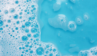 Blue water bubble. White soap foam
