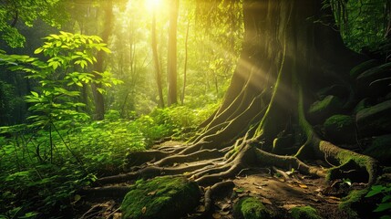 big tree roots and sunbeam in a green forest