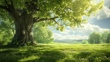 Big tree with fresh green leaves and green spring meadow - Powered by Adobe