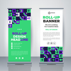 Green Eco friendly lifestyle Geometric Business Roll Up. Standee Design. Banner Template. Geometric x-banner and flag-banner advertising. Vector illustration.