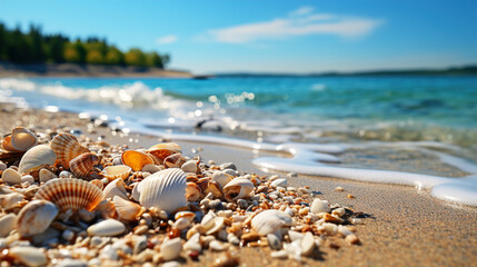 Fototapeta na wymiar Closeup Capture Seashells Starfish On the Sandy Beach