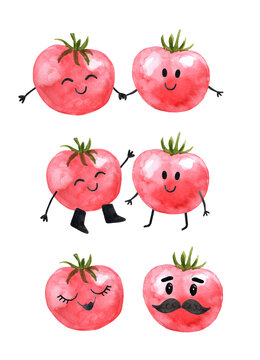 Valentines Day cute tomato couple, cartoon-style watercolor illustration of two tomatoes in love. Fun characters drawing.