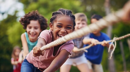 Fun, games and kids playing tug of war together outdoor in a park or playground in summer. Friends, diversity and children pulling a rope while being playful fun or bonding in a garden on a sunny day - obrazy, fototapety, plakaty