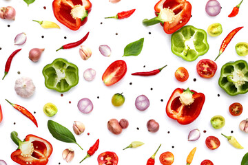 Various fresh vegetables and herbs on white background.