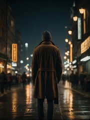Naklejka premium Man Walking Down Street in the Night, Urban Environment, Explore Downtown Cityscape. Generative AI.