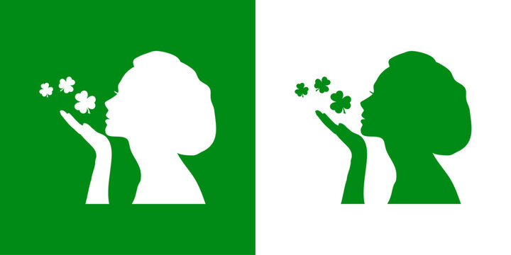 D&iacute;a de San Patricio. S&iacute;mbolo de suerte. Silueta de mujer tirando un beso con treboles para su uso en felicitaciones y tarjetas