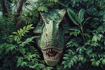 Lifelike Dinosaur Emerging from Dense Jungle