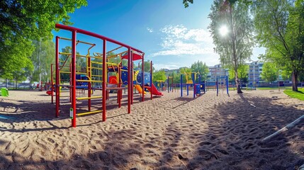 Large playground in city park, empty modern kids playground in summer. Panorama of urban area for children's games and sport. Scenic panoramic view of playing place in town. Scenery of gym outdoor.