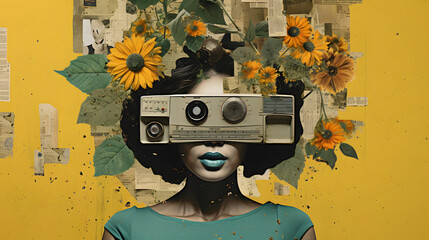 Collage image of a girl with sunflower.