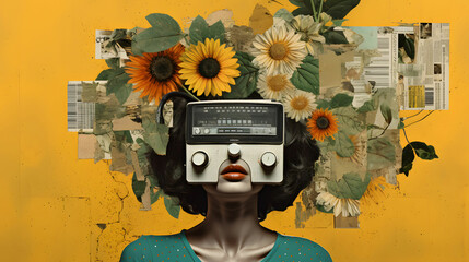 Collage image of a girl with sunflower.