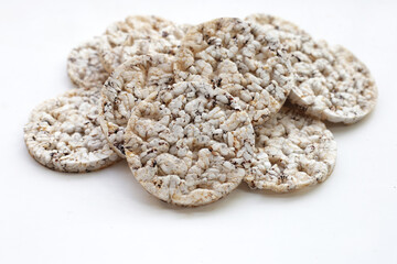 Round crispy rice crackers. Rice cakes