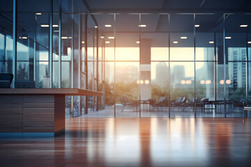 Beautiful blurred background of a light modern office interior with panoramic windows and beautiful lighting. 