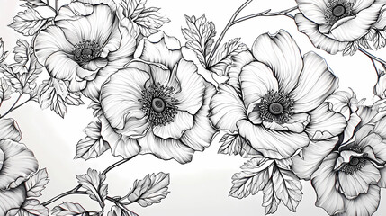 A hand-drawn line art of flowers and leaves