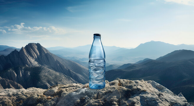 a bottle of water sits on the edge of a rock and has the mountains in the background