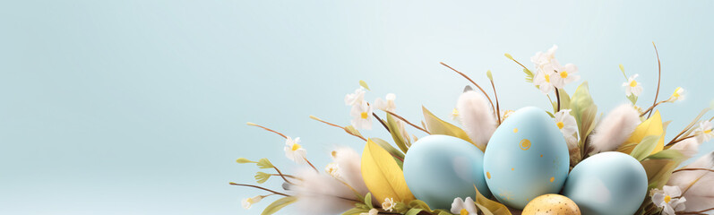 Osterbanner mit bemalten Eiern  auf hellblauem Hintergrund. Draufsicht, flach gelegt mit Kopierraum - obrazy, fototapety, plakaty