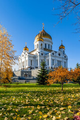 Cathedral of Christ the Savior. Park area in autumn sunny weather.