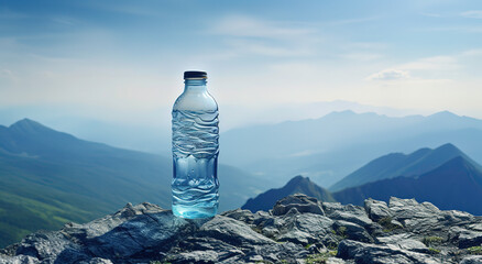 a bottle of water sits on the edge of a rock and has the mountains in the background - obrazy, fototapety, plakaty