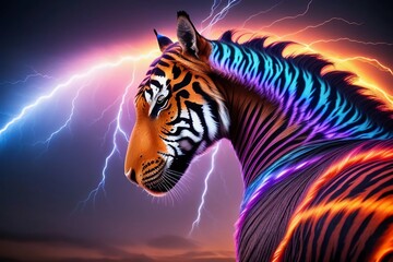 Modern Art. Colorful Tiger with Lightning. Generated AI
