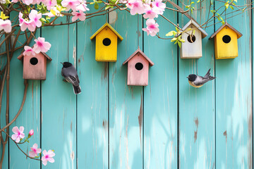 Wooden Colorful birdhouse wall with birds and flowers concept