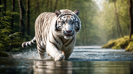 White siberian tiger runs on water, in forest. Dangerous animal. Animal in a green forest stream
