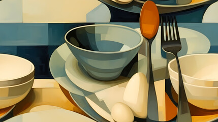 Modern cafe seamless pattern in the style of Cubism, Neoplasticism and Bauhaus. Perfect for design, printing, web design