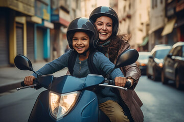 A happy smiling mother and child travelling in a scooter through the streets - obrazy, fototapety, plakaty