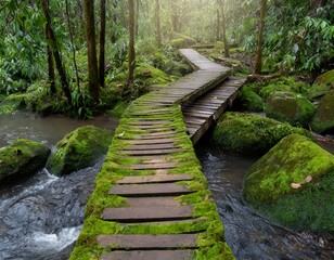 bridge covered with green moss in the rain forest
