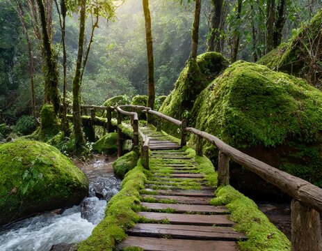 bridge covered with green moss in the rain forest
