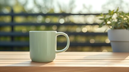 Fototapeta premium Balcony View of a light green Mug on a wooden Table. Close up with a blurred Background