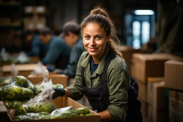 A female military volunteer collects food and equipment into boxes to be sent as humanitarian aid. Concept: organizing logistics and helping the army
