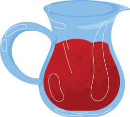 Blue glass pitcher filled with red fruit punch. Refreshing beverage in transparent jug vector illustration.