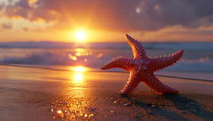 Fototapeta na wymiar a small starfish sits on the beach during sunset