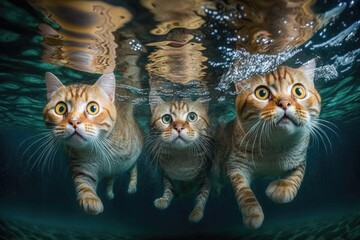 Underwater image of three cats swimming