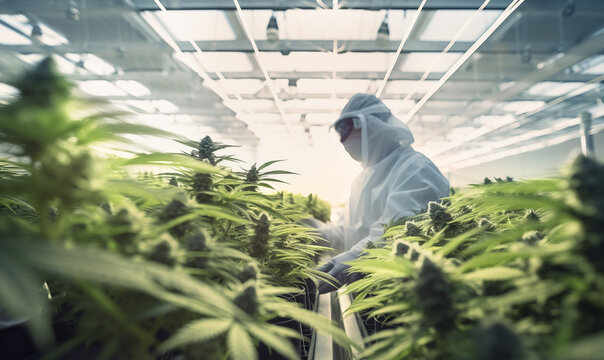 Indoor cannabis cultivation facility, Rows of marijuana plants. Workers dressed in white uniform meticulously inspect and care for plants. Image with green ripe Medical marijuana  MMJ branches.