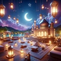 Fototapeta na wymiar Ramadan Kareem background with mosque, lanterns and crescent moon. Ramadan kareem, eid mubarak, muslim and eid fitr concept.