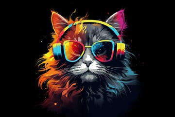Hipster cat listening to music in headphones and sunglasses. Cute furry feline in trendy outfit. Vector illustration for apparel, accessories, and home decor. - obrazy, fototapety, plakaty