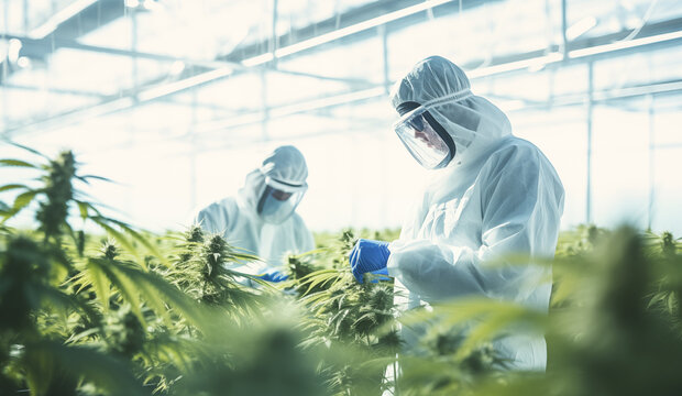 Indoor cannabis cultivation facility, Rows of marijuana plants. Workers dressed in white uniform meticulously inspect and care for plants. Image with green ripe Medical marijuana  MMJ branches.