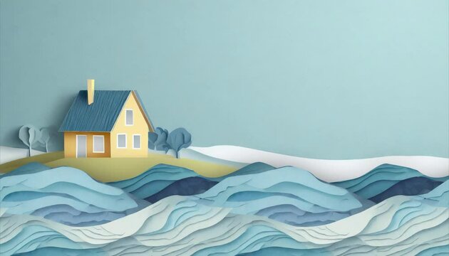 paper craft house with paper sea animation with copy space
