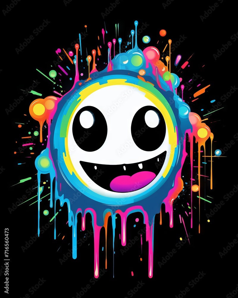 Poster Neon Emoticone t-shirt design in vector art style on black background