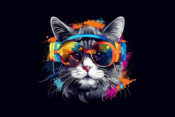 Hipster cat listening to music in headphones and sunglasses. Cute furry feline in trendy outfit. Vector illustration for apparel, accessories, and home decor.