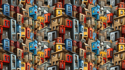 Modern city street seamless pattern in the style of Cubism, Neoplasticism and Bauhaus. Perfect for design, printing, web design