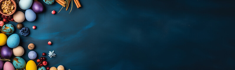 Osterbanner mit bemalten Eiern  auf dunkelblauem Hintergrund. Draufsicht, flach gelegt mit Kopierraum - obrazy, fototapety, plakaty