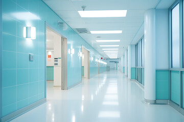 hospital corridor with light shining through glass, in the style of soft pastel colors, medical themes.