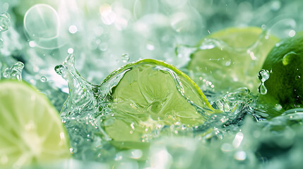 green lemon and water, with a light green and transparent texture style - obrazy, fototapety, plakaty