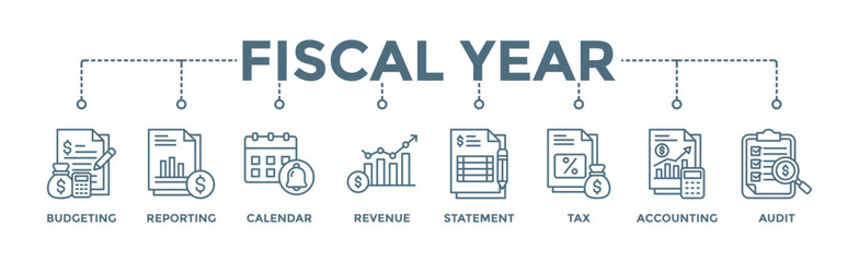 Fiscal year banner web icon vector illustration concept with icon of budgeting, reporting, calendar, revenue, statement, tax, accounting, audit