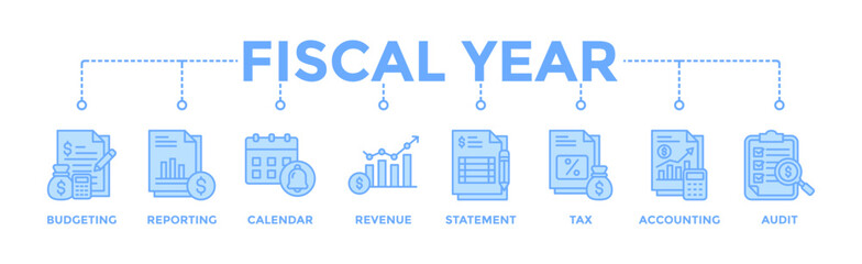 Fiscal year banner web icon vector illustration concept with icon of budgeting, reporting, calendar, revenue, statement, tax, accounting, audit