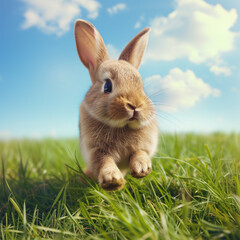 A cute rabbit runs along the green grass against the background of a blue sky. Bunny jumping in nature.