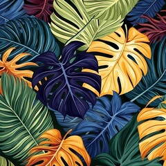 Seamless pattern of exotic leaves in hand drawn style. Vector illustration of tropical plants and textures for backgrounds, textiles and apparel design.