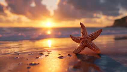 Fototapeta na wymiar a small starfish sits on the beach during sunset